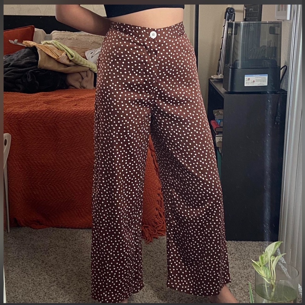 Urban Outfitters Polka Dot Brown Olympia Satin Wide Leg Pant Size Small retro
